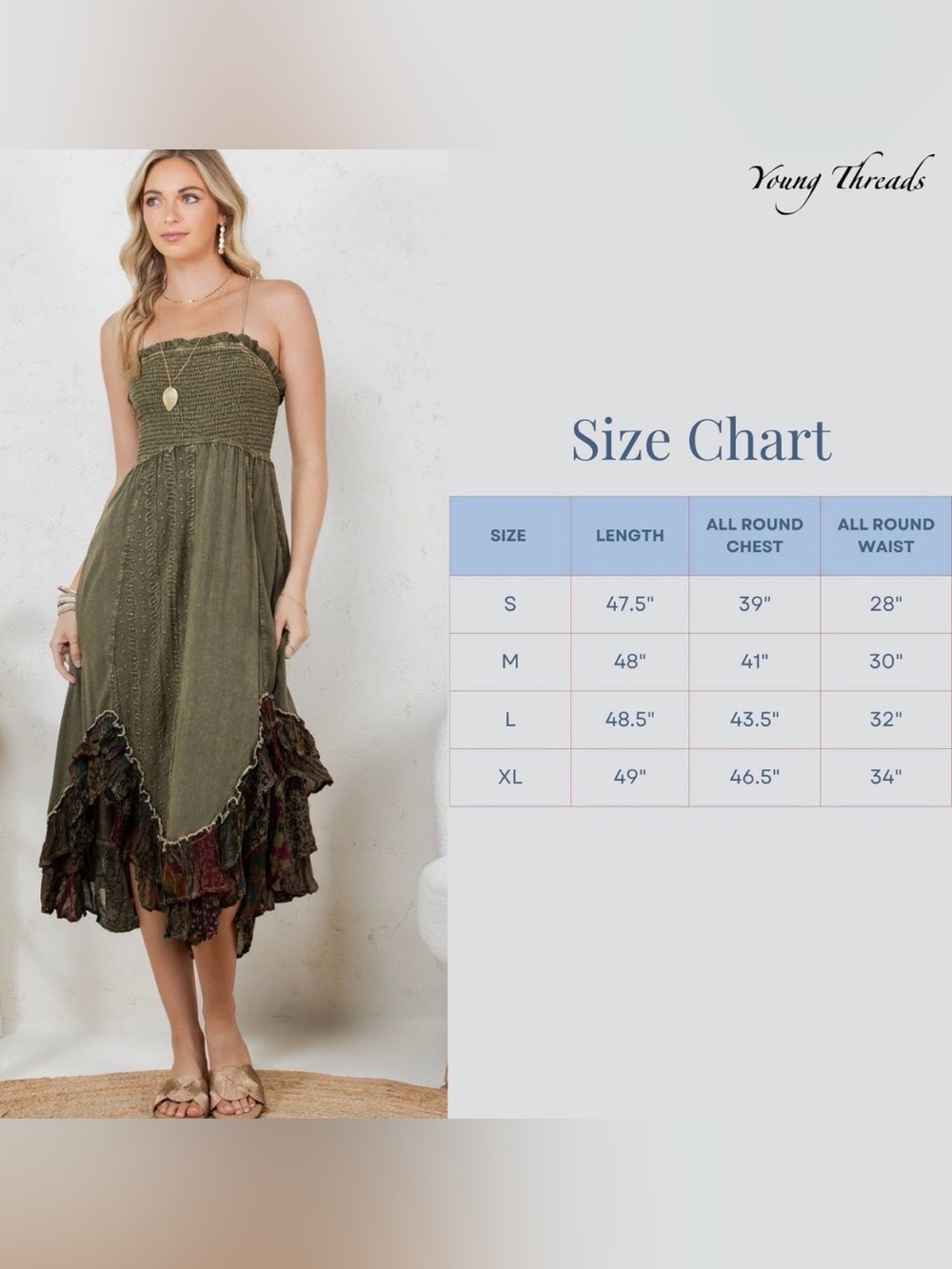 NWT Smocked Boho Light Grey Maxi Dress with Colorful Ruffle Gypsy Hem - Picture 10 of 10